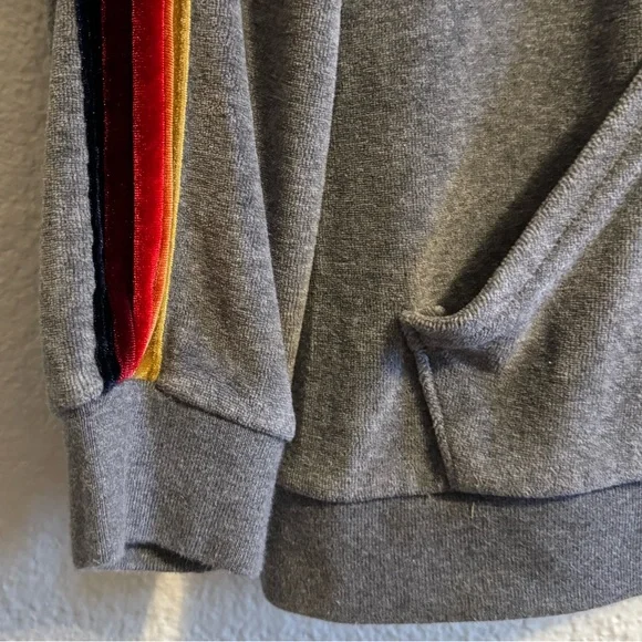 RARE Aviator Nation Velvet Rainbow 5 Stripe Drawstring Pullover Hoodie Gray S - Picture 3 of 6